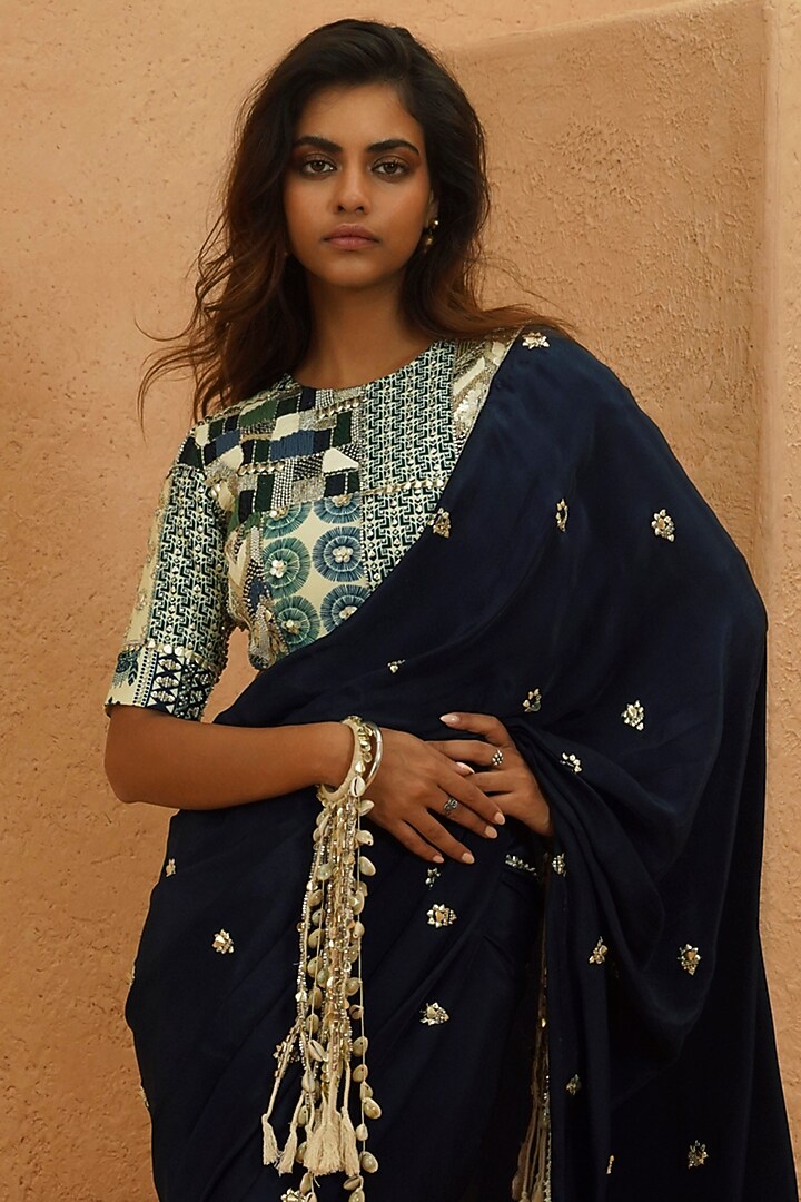 Midnight Blue Crepe Embroidered Reception Saree Set by Sva By Sonam & Paras Modi at Pernia's Pop Up Shop
