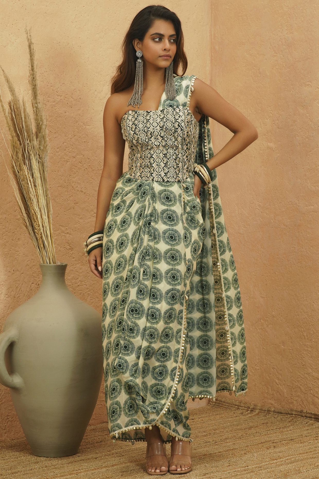 Emerald Crepe Protea Motif Printed Draped Wedding Saree Set by Sva at Pernia's Pop Up Shop