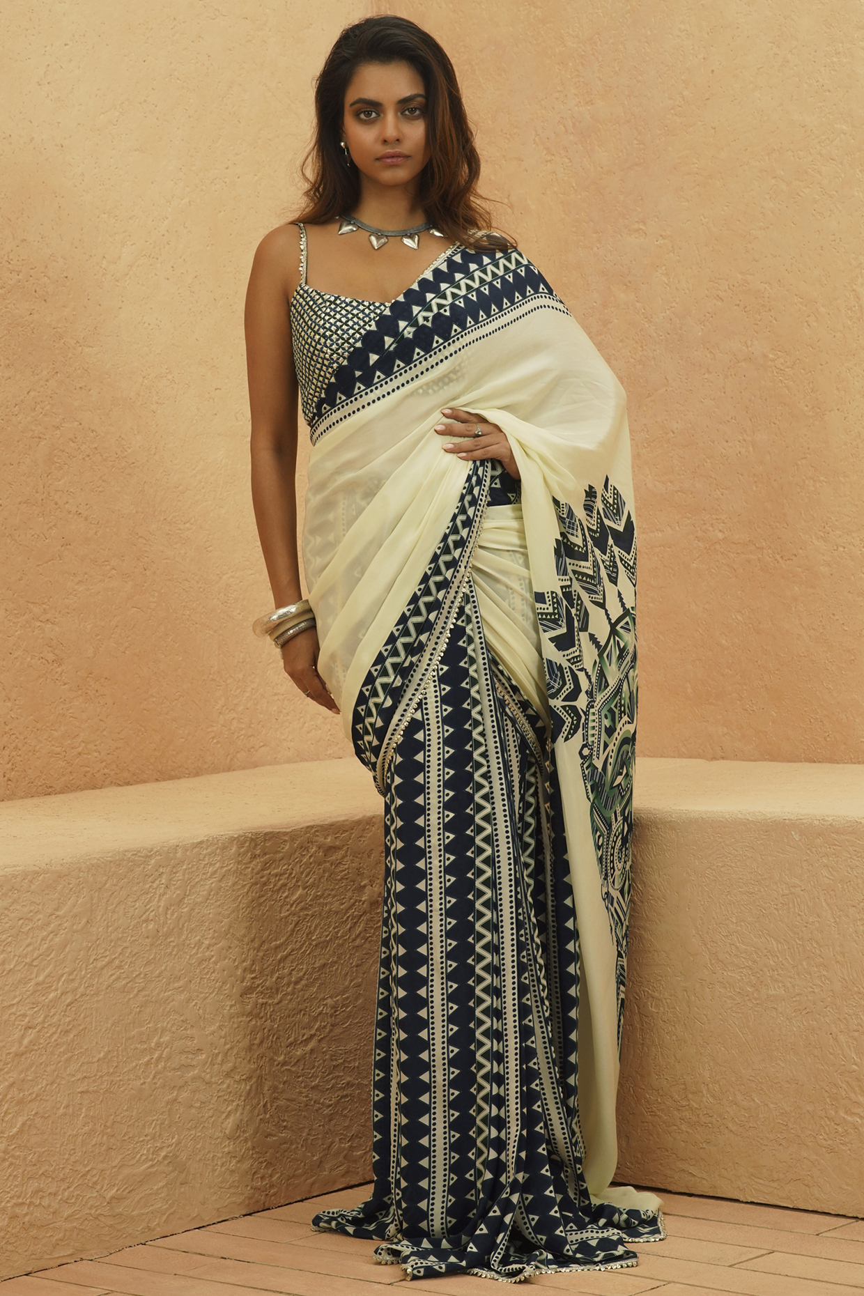 Ivory Crepe Geometric Printed Wedding Saree Set by Sva By Sonam & Paras Modi at Pernia's Pop Up Shop