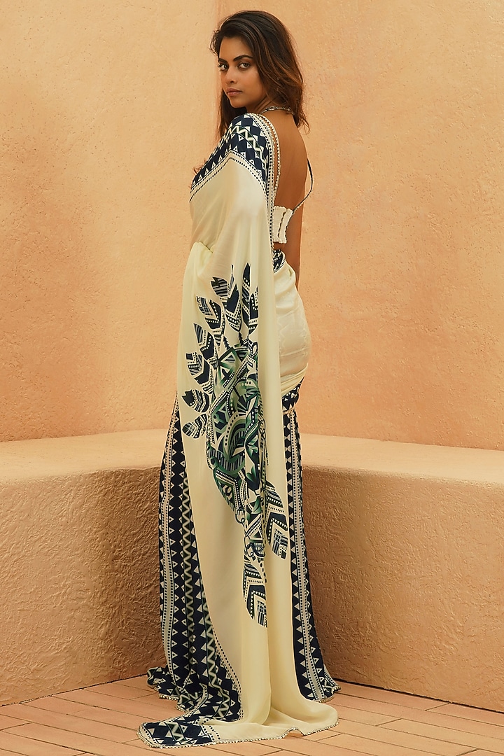 Ivory Crepe Geometric Printed Wedding Saree Set by Sva By Sonam & Paras Modi at Pernia's Pop Up Shop