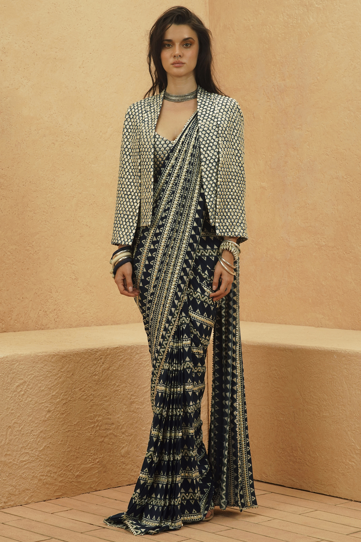 Midnight Blue Crepe Printed Jacket Bridal Saree Set by Sva By Sonam & Paras Modi at Pernia's Pop Up Shop