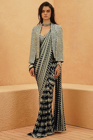 Midnight Blue Crepe Printed Jacket Saree Set by Sva By Sonam & Paras Modi