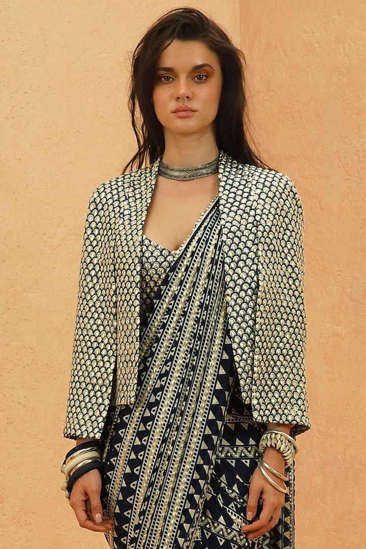 Midnight Blue Crepe Printed Jacket Bridal Saree Set by Sva By Sonam & Paras Modi at Pernia's Pop Up Shop