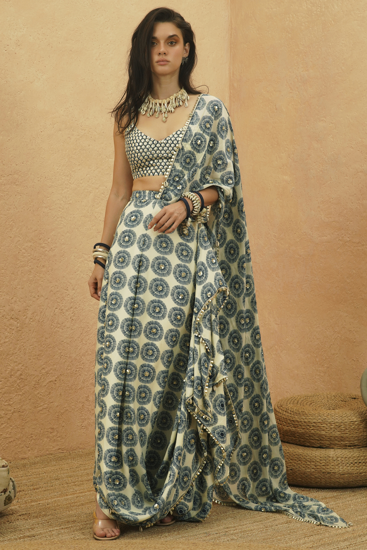 Midnight Blue Crepe Printed Ruffled Draped Reception Saree Set by Sva By Sonam & Paras Modi at Pernia's Pop Up Shop