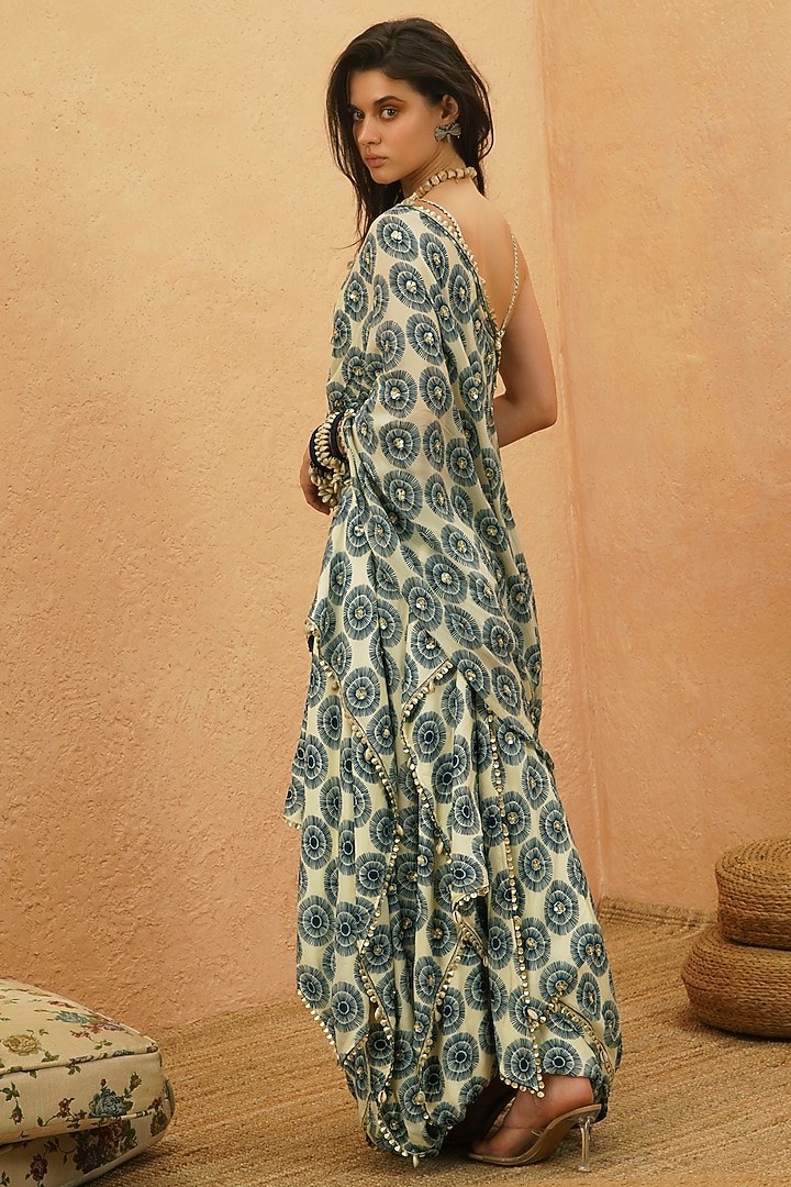 Midnight Blue Crepe Printed Ruffled Draped Reception Saree Set by Sva By Sonam & Paras Modi at Pernia's Pop Up Shop