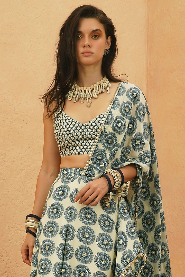 Midnight Blue Crepe Printed Ruffled Draped Reception Saree Set by Sva By Sonam & Paras Modi at Pernia's Pop Up Shop