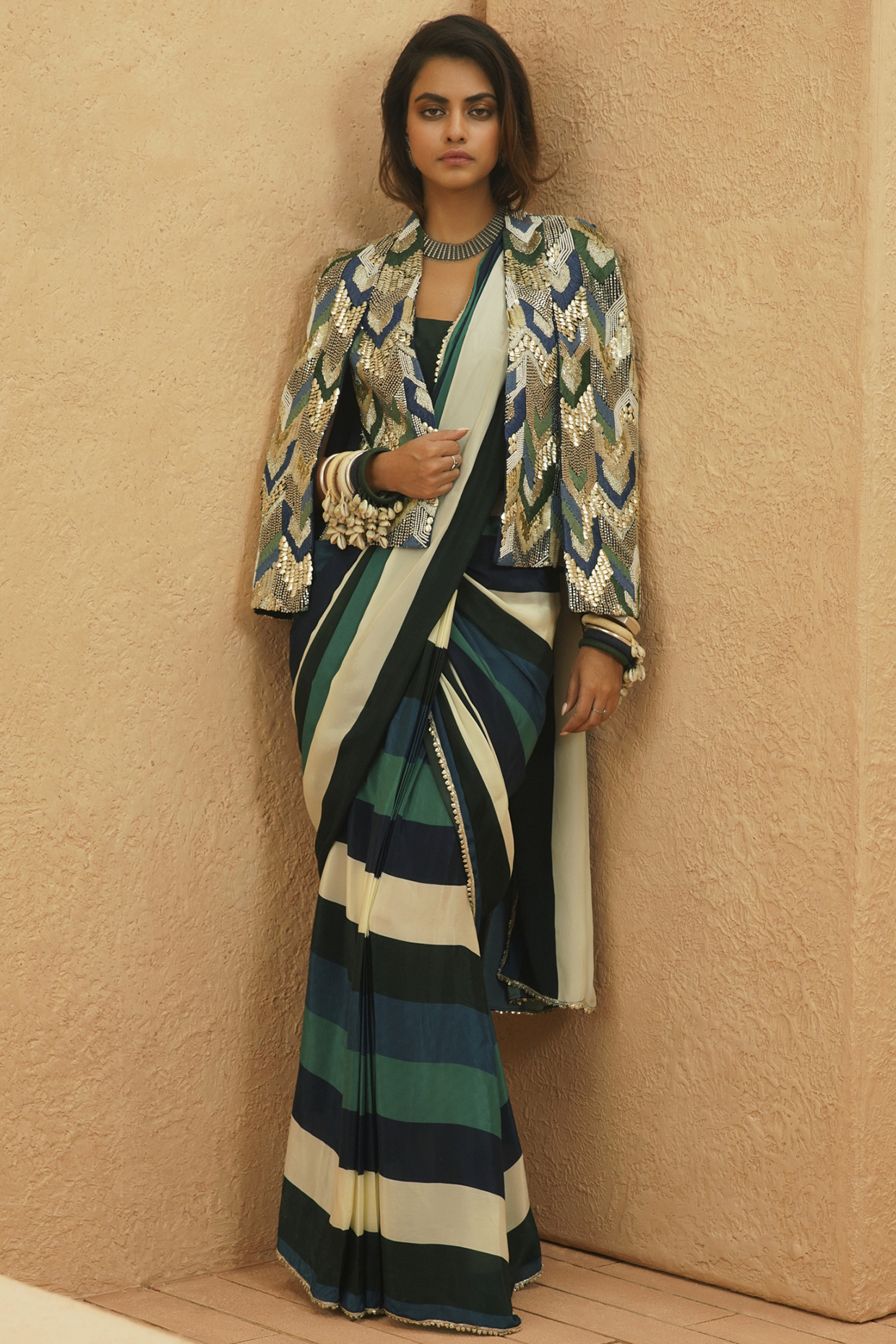Multi-Colored Crepe Jacket Reception Saree Set by Sva at Pernia's Pop Up Shop