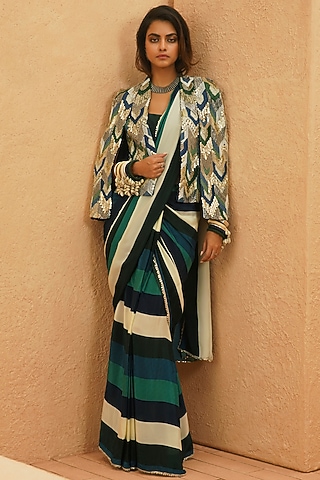 Multi-Colored Crepe Jacket Saree Set by Sva By Sonam & Paras Modi
