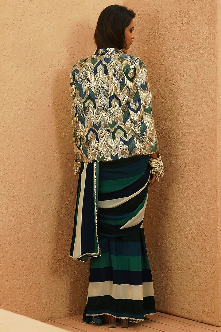 Multi-Colored Crepe Jacket Reception Saree Set by Sva By Sonam & Paras Modi at Pernia's Pop Up Shop