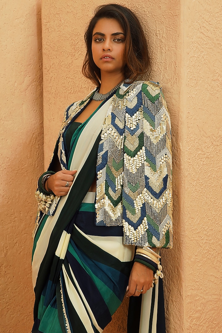 Multi-Colored Crepe Jacket Reception Saree Set by Sva By Sonam & Paras Modi at Pernia's Pop Up Shop