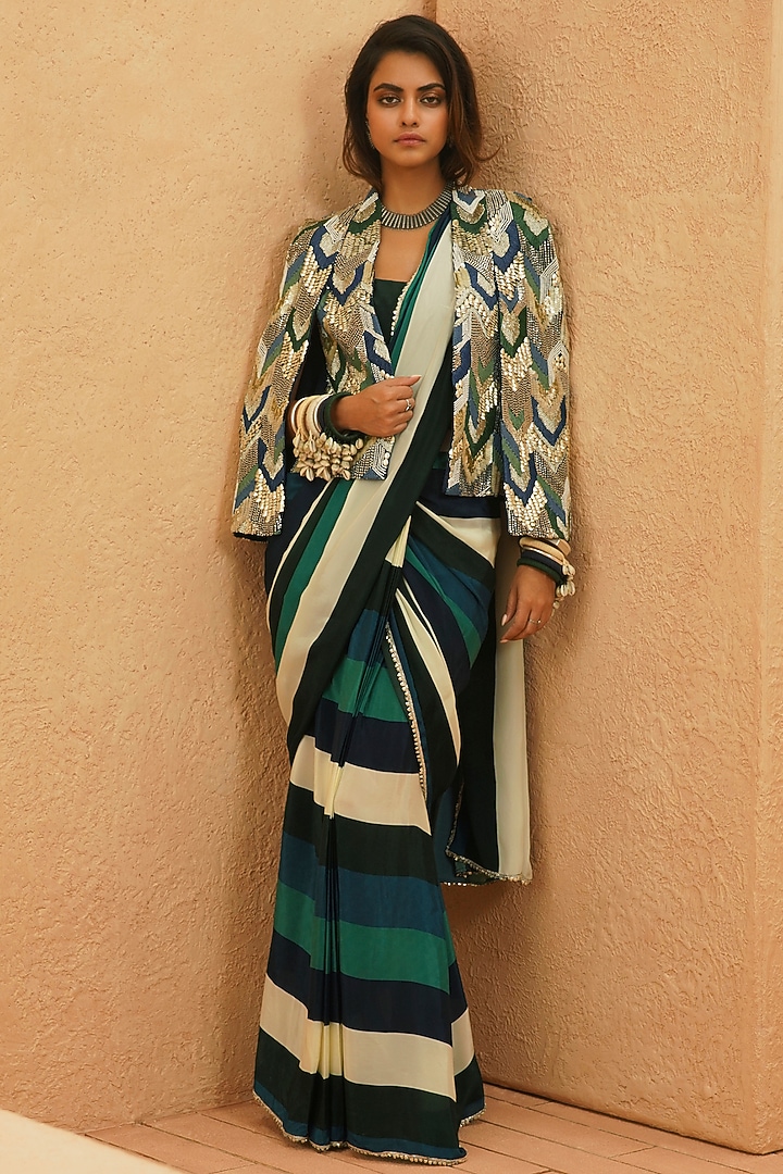 Midnight Blue Crepe Beadwork Cape Jacket by Sva By Sonam & Paras Modi at Pernia's Pop Up Shop