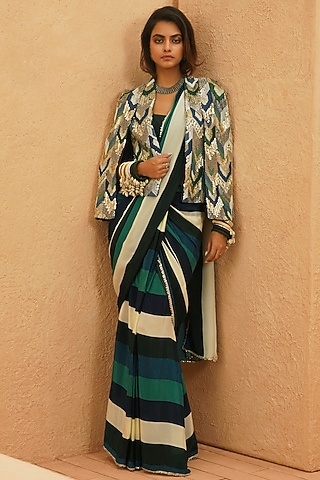 Midnight Blue Crepe Beadwork Cape Jacket by Sva By Sonam & Paras Modi