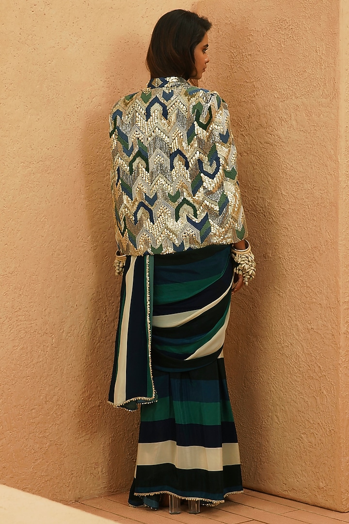 Midnight Blue Crepe Beadwork Cape Jacket by Sva By Sonam & Paras Modi at Pernia's Pop Up Shop