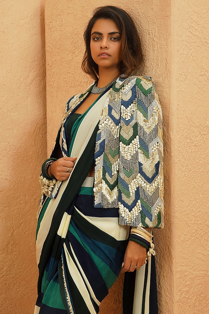 Midnight Blue Crepe Beadwork Cape Jacket by Sva By Sonam & Paras Modi at Pernia's Pop Up Shop