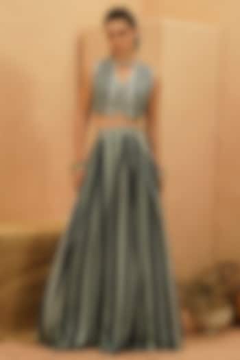 Navy Blue Crepe Flared Box Pleated Skirt Set by Sva By Sonam & Paras Modi at Pernia's Pop Up Shop