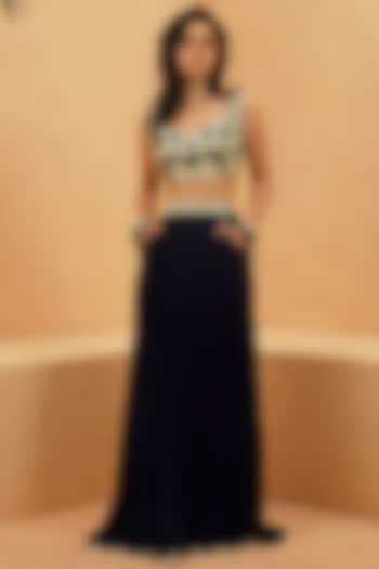 Midnight Blue Crepe Pleated Skirt Set by Sva By Sonam & Paras Modi at Pernia's Pop Up Shop