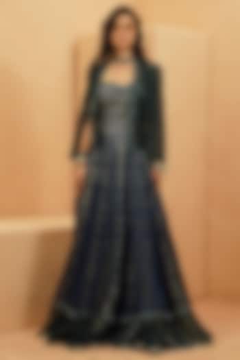 Midnight Blue Crepe Cutwork Jacket Wedding Lehenga Set by Sva By Sonam & Paras Modi at Pernia's Pop Up Shop
