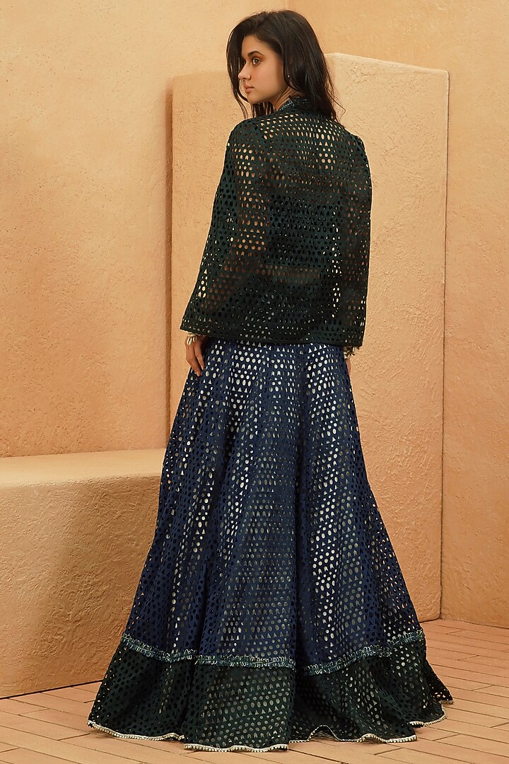 Midnight Blue Crepe Cutwork Jacket Wedding Lehenga Set by Sva By Sonam & Paras Modi at Pernia's Pop Up Shop