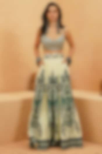 Ivory Crepe Box Pleated Printed Skirt Set by Sva By Sonam & Paras Modi at Pernia's Pop Up Shop