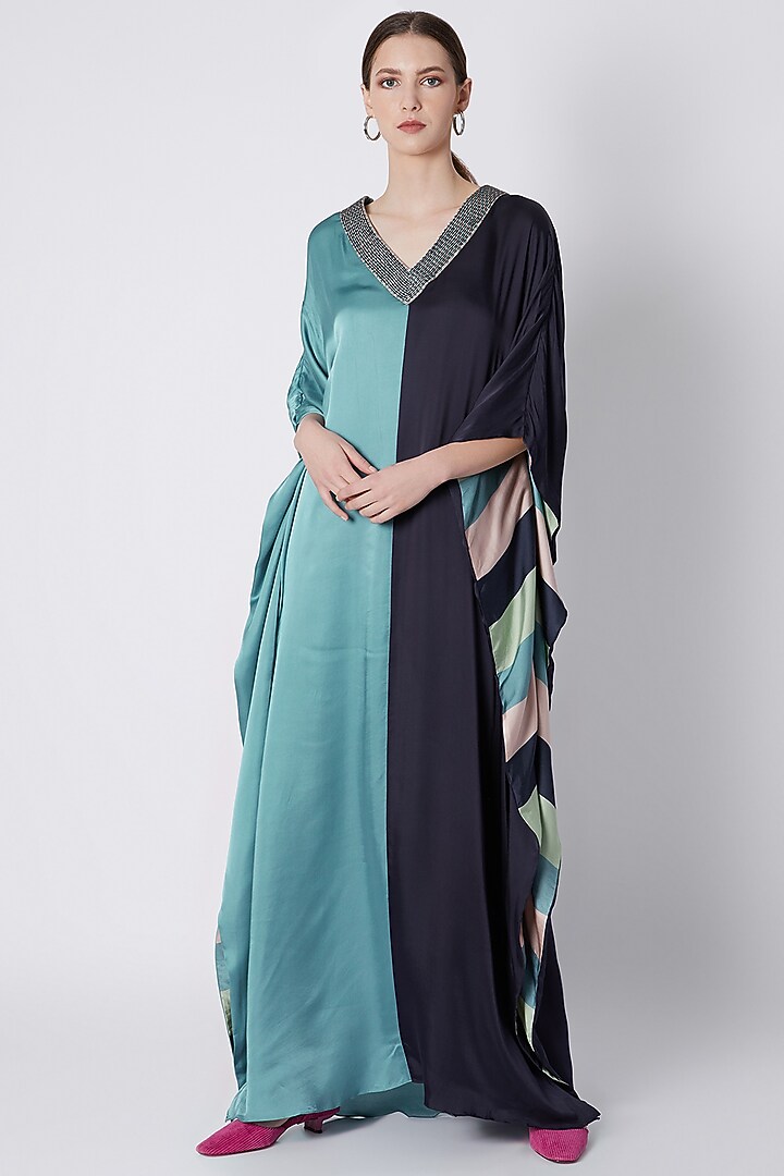 Midnight Blue Thread Embroidered Kaftan by SVA BY SONAM & PARAS MODI at Pernia's Pop Up Shop