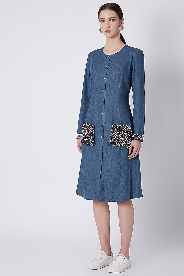 Blue Textured Jacket Dress by SVA BY SONAM & PARAS MODI