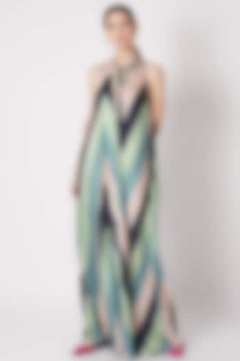 Midnight Blue Chevron Print Maxi Dress by SVA BY SONAM & PARAS MODI