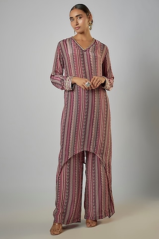 Merlot Crepe Striped Printed Tunic Set by SVA BY SONAM & PARAS MODI