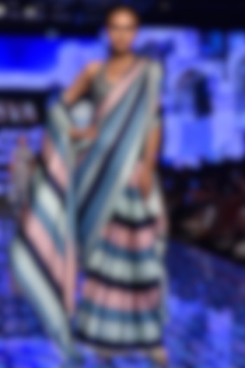 Multi-Colored Satin Silk Stripe Printed Jacket Reception Saree Set by SVA BY SONAM & PARAS MODI at Pernia's Pop Up Shop