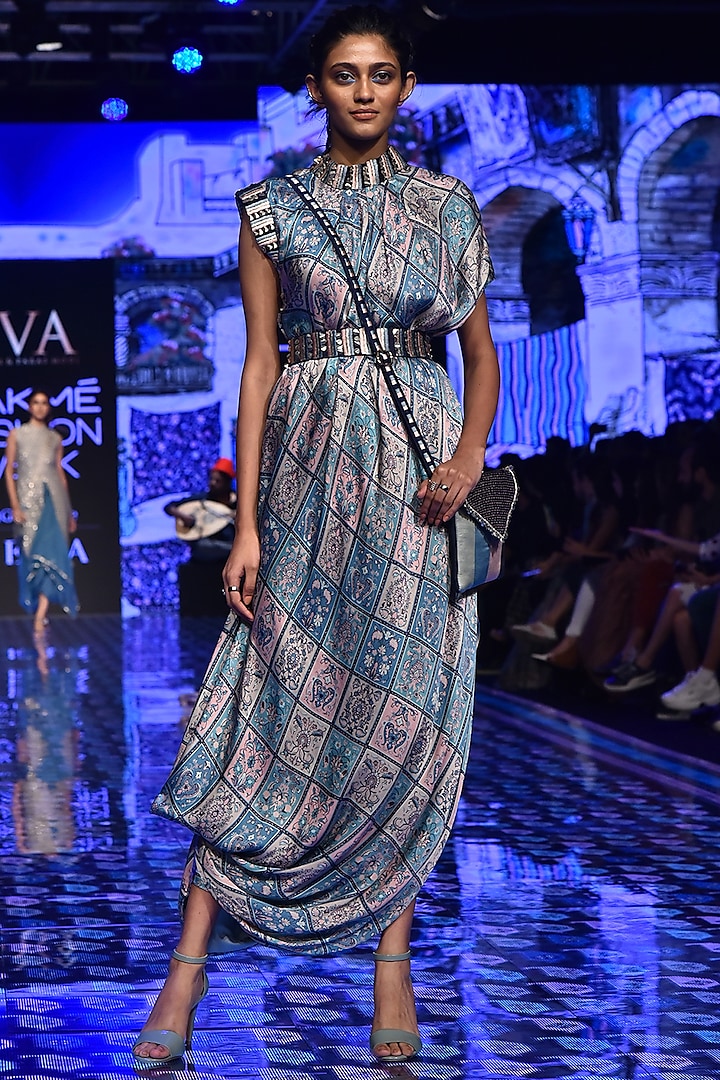 Multi-Colored Embroidered Draped Dress With Belt by SVA BY SONAM & PARAS MODI