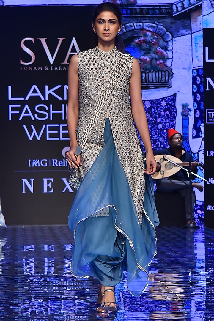 Beige Embroidered Jacket With Teal Blue Skirt by SVA BY SONAM & PARAS MODI