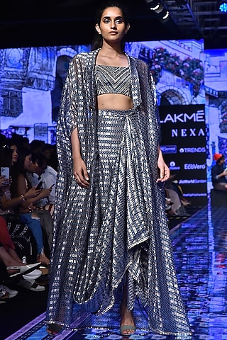 Powder Blue Embellished Bustier With Cape & Draped Skirt by SVA BY SONAM & PARAS MODI
