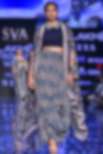 Midnight Blue Crop Top With Printed Skirt & Reversible Cape by SVA BY SONAM & PARAS MODI