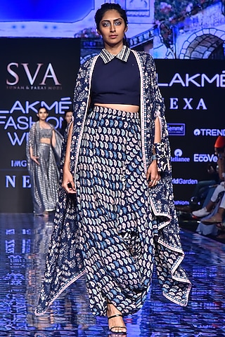 Midnight Blue Crop Top With Printed Skirt & Reversible Cape by SVA BY SONAM & PARAS MODI