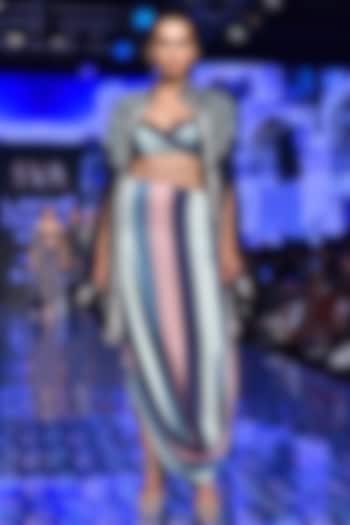 Midnight Blue Embellished Cape With Printed Skirt by SVA BY SONAM & PARAS MODI