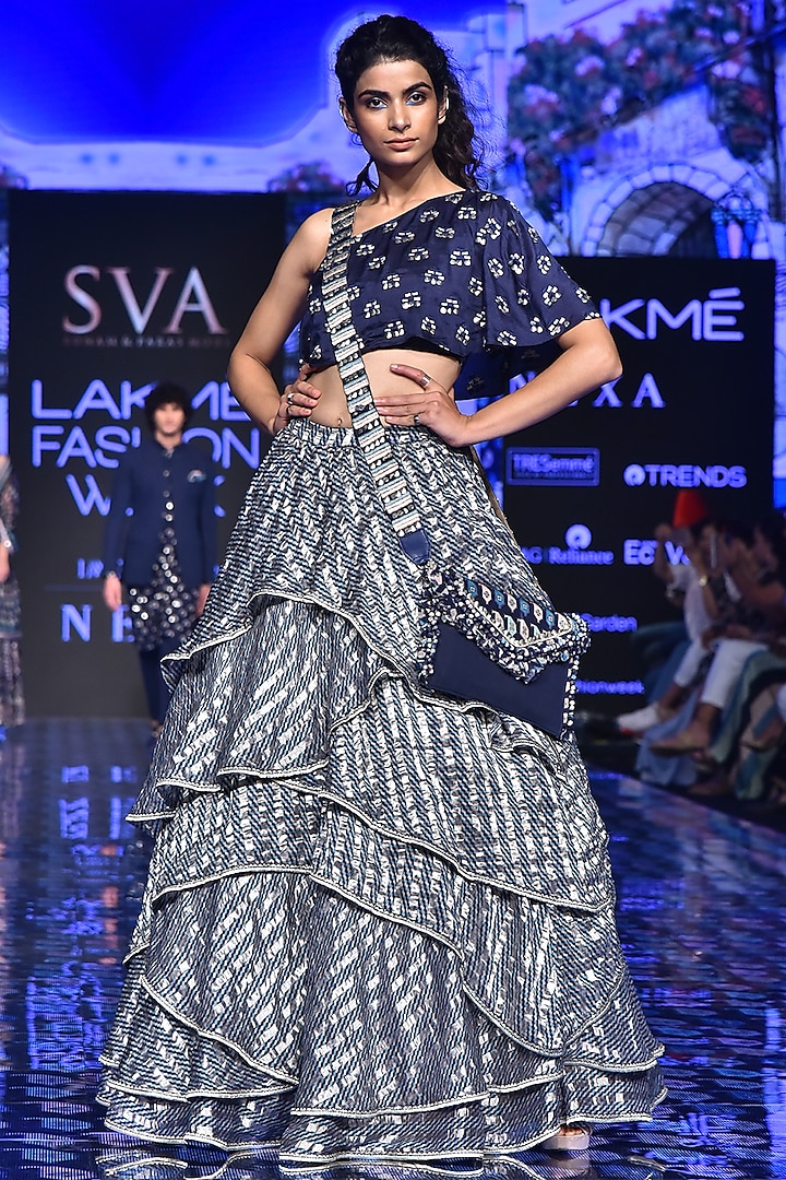 Grey Handwoven Printed Lehenga with Embroidered Blouse by SVA BY SONAM & PARAS MODI