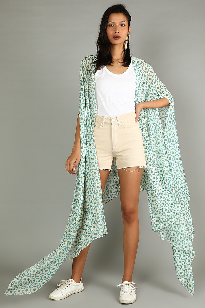Sky Blue Geometric Printed Cape by SVA BY SONAM & PARAS MODI at Pernia's Pop Up Shop