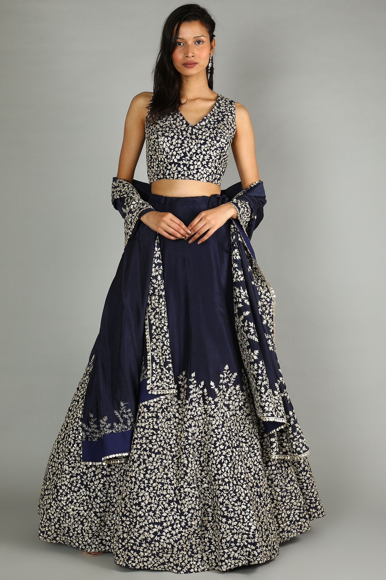 White and Navy Blue Thread Embroidery Lehenga - Etsy