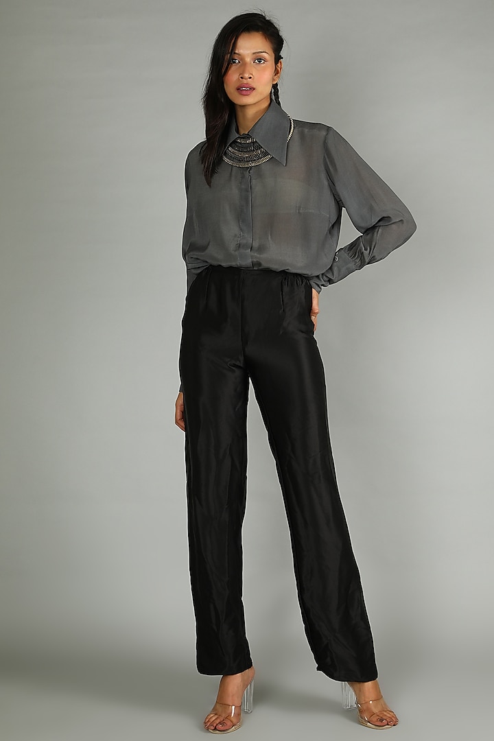 Grey Crepe Shirt With Gathered Sleeves by Sva By Sonam & Paras Modi