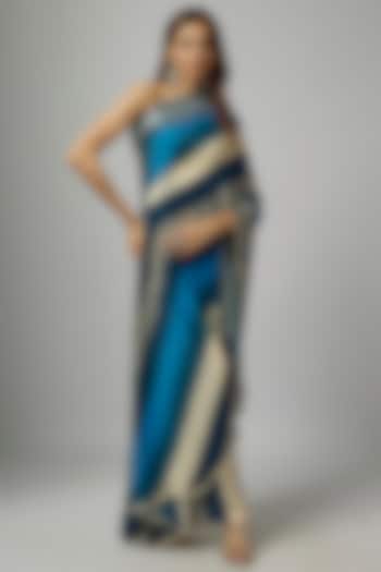 Blue Crepe Striped One-Shoulder Pant Saree Set by SVA BY SONAM & PARAS MODI
