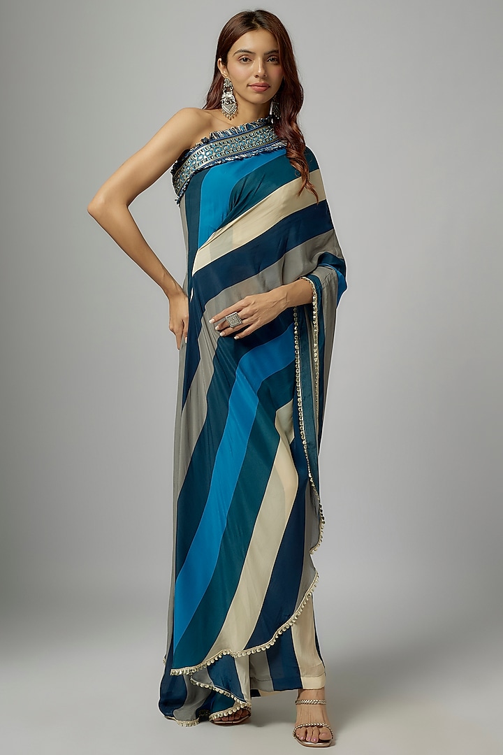 Blue Crepe Striped One-Shoulder Pant Saree Set by SVA BY SONAM & PARAS MODI