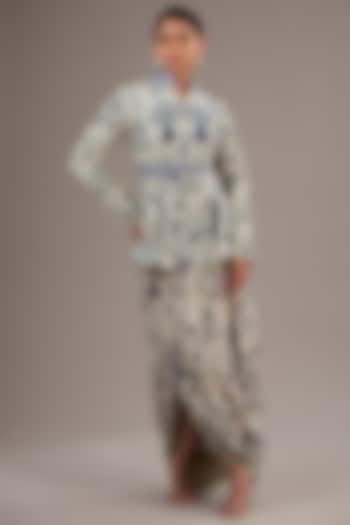 Blue Crepe Jaal Printed Draped Skirt Set by SVA BY SONAM & PARAS MODI at Pernia's Pop Up Shop