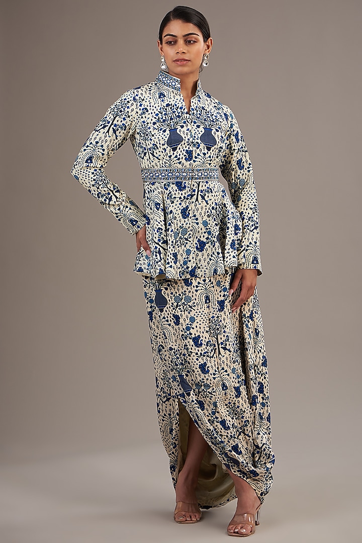 Blue Crepe Jaal Printed Draped Skirt Set by SVA BY SONAM & PARAS MODI at Pernia's Pop Up Shop