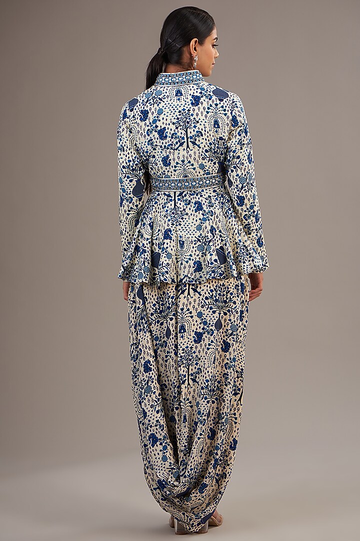 Blue Crepe Jaal Printed Draped Skirt Set by SVA BY SONAM & PARAS MODI at Pernia's Pop Up Shop