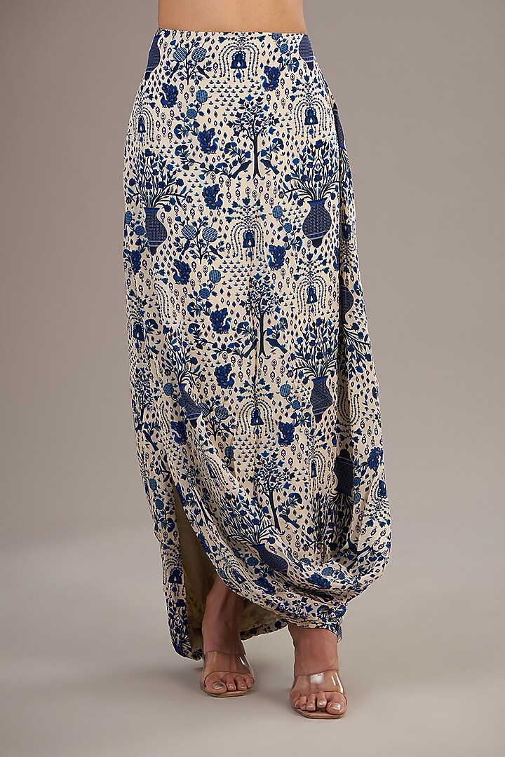 Blue Crepe Jaal Printed Draped Skirt Set by SVA BY SONAM & PARAS MODI at Pernia's Pop Up Shop