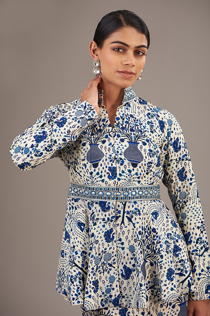 Blue Crepe Jaal Printed Draped Skirt Set by SVA BY SONAM & PARAS MODI at Pernia's Pop Up Shop