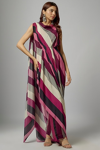 Merlot Crepe Striped Printed Pant Set by SVA BY SONAM & PARAS MODI
