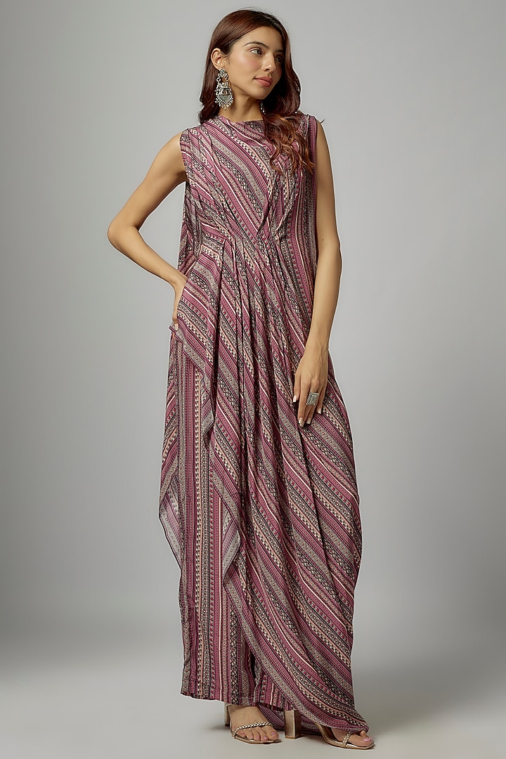 Merlot Crepe Striped Printed Pant Set by SVA BY SONAM & PARAS MODI