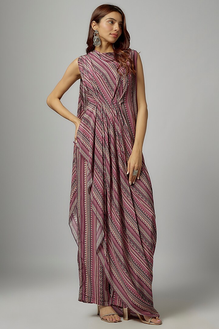 Merlot Crepe Striped Printed Pant Set by SVA BY SONAM & PARAS MODI at Pernia's Pop Up Shop