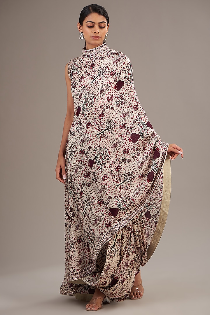 Merlot Crepe Jaal Printed One-Shoulder Draped Skirt Saree Set by SVA BY SONAM & PARAS MODI at Pernia's Pop Up Shop