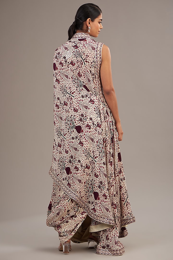 Merlot Crepe Jaal Printed One-Shoulder Draped Skirt Wedding Saree Set by SVA BY SONAM & PARAS MODI at Pernia's Pop Up Shop